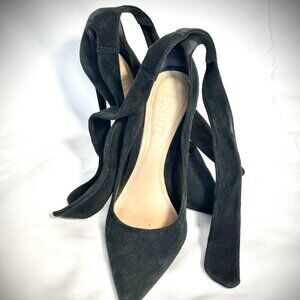 Black Suede Schutz Pointed Toe Pumps with Ankle Ties - Effortless Elegance!